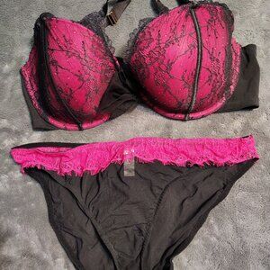 Cacique - Lace/Mesh - Black/Pink - Bra and Panties with bow